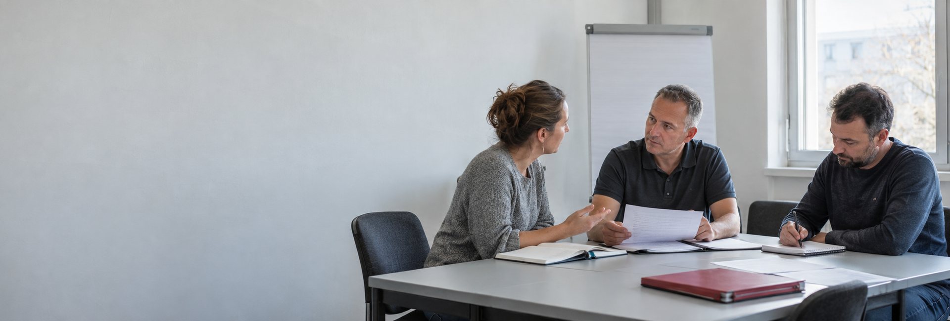 Symbolische Unterrichtssituation: Ein Dozent hört einer Teilnehmerin zu, während ein weiterer Teilnehmer Notizen macht