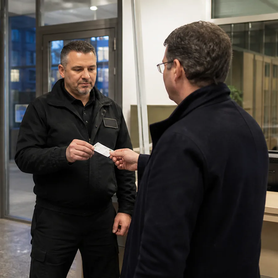 Sicherheitsmitarbeiter bei einer professionellen Zugangskontrolle in einem Bürogebäude